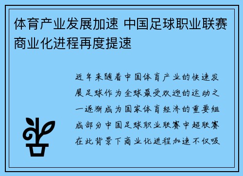 体育产业发展加速 中国足球职业联赛商业化进程再度提速