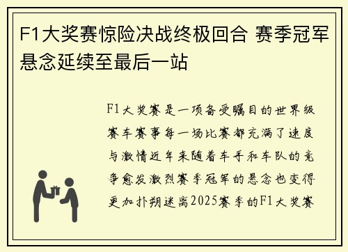 F1大奖赛惊险决战终极回合 赛季冠军悬念延续至最后一站