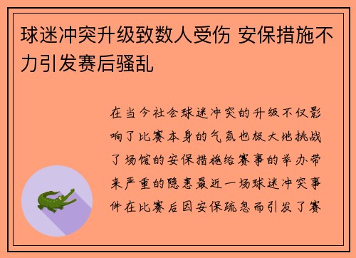 球迷冲突升级致数人受伤 安保措施不力引发赛后骚乱