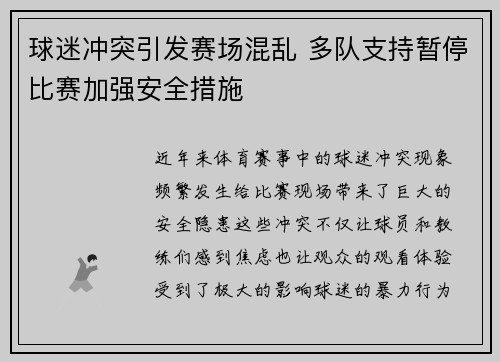 球迷冲突引发赛场混乱 多队支持暂停比赛加强安全措施